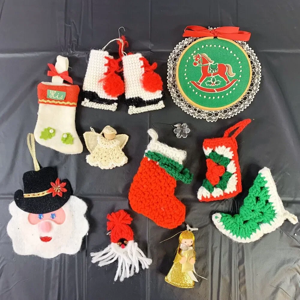 Vtg Mixed Lot Of 10 Christmas Ornaments Plastic Canvas Yarn Crocheted Felt